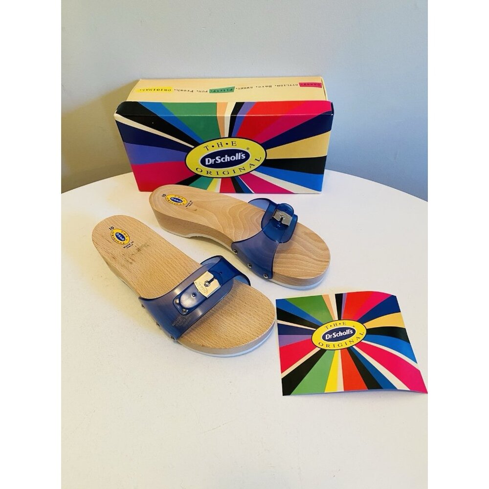 Dr Scholls Women Size 10 Wood Exercise Clog Sandal Blue Vinyl Slide Shoe New